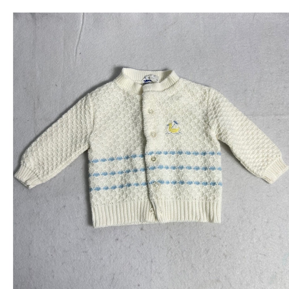 Vintage Doe Spun Kids Layette Cream Blue Duck Embroidered Knit‎ Cardigan Sweater